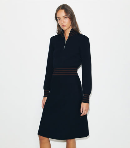 Tory Burch A-Line Turtleneck Zip Dress - Medium Navy / Dark Sangria
