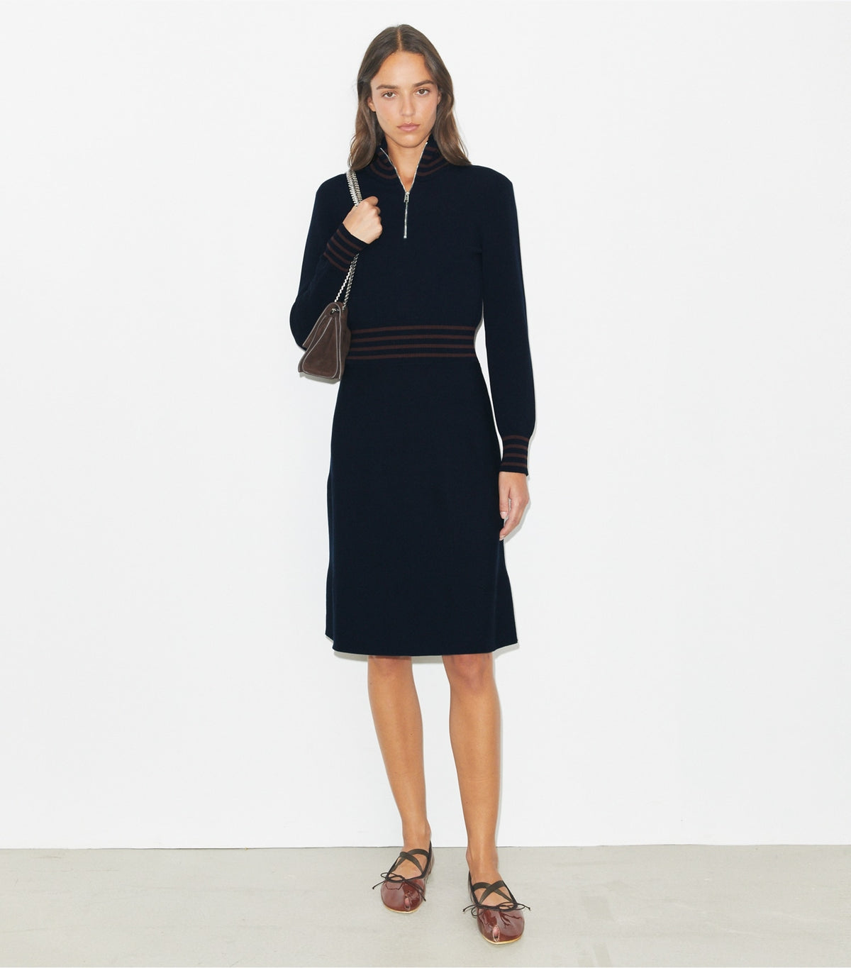 Tory Burch A-Line Turtleneck Zip Dress - Medium Navy / Dark Sangria