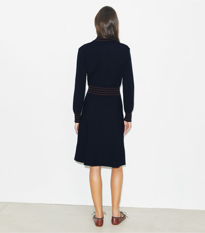 Tory Burch A-Line Turtleneck Zip Dress - Medium Navy / Dark Sangria