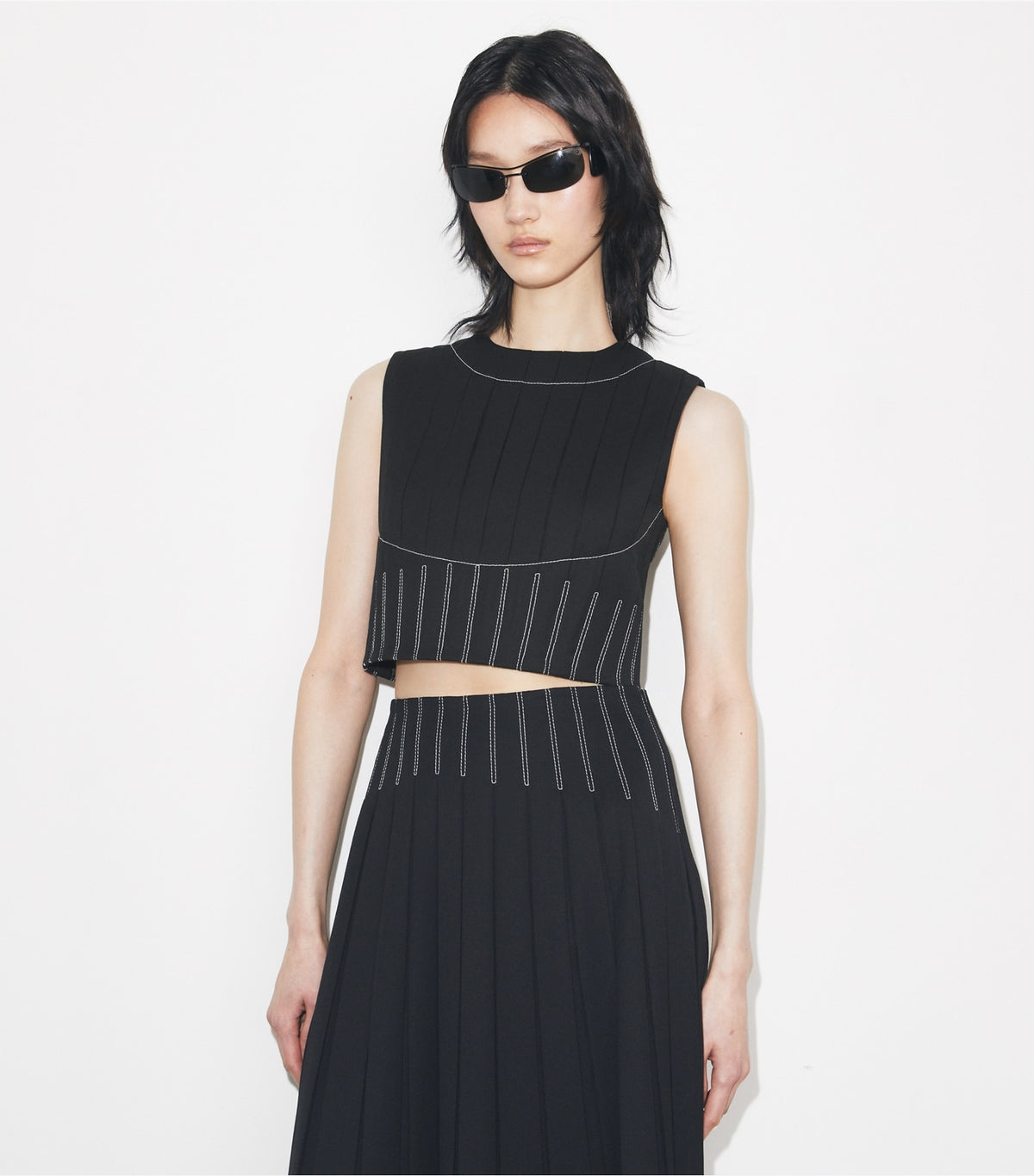 Tory Burch Wool Twill Pleated Top - Black