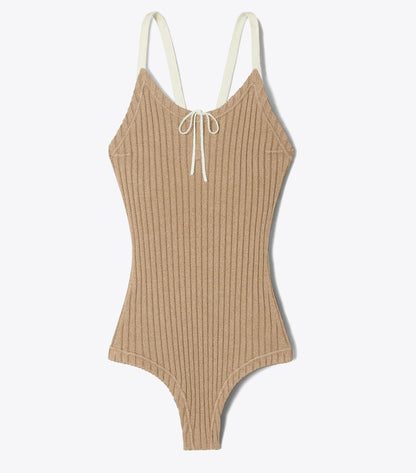 Tory Burch Colorblock Ribbed Bodysuit - Putty