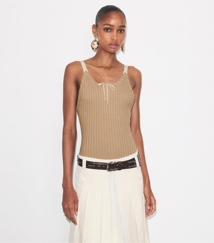 Tory Burch Colorblock Ribbed Bodysuit - Putty
