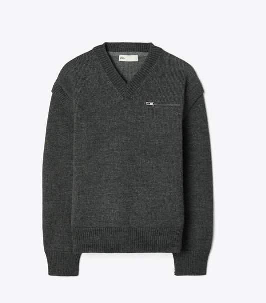 Tory Burch Wool V-Neck Sweater - Dark Gray Melange