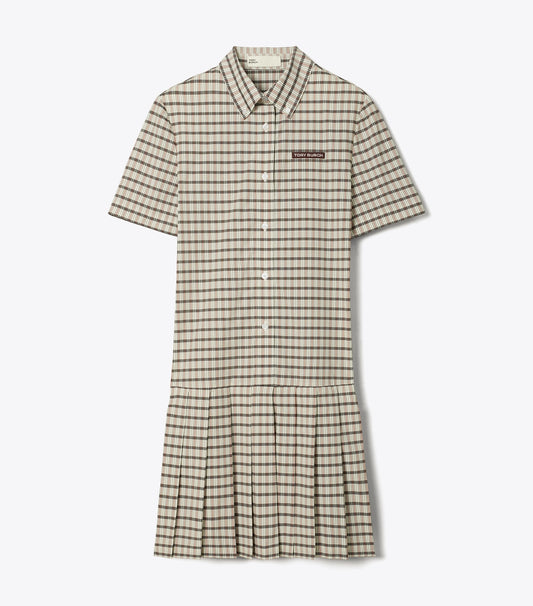 Tory Burch Plaid Drop-Waist Pleated Golf Dress - Ivory / Black Plaid