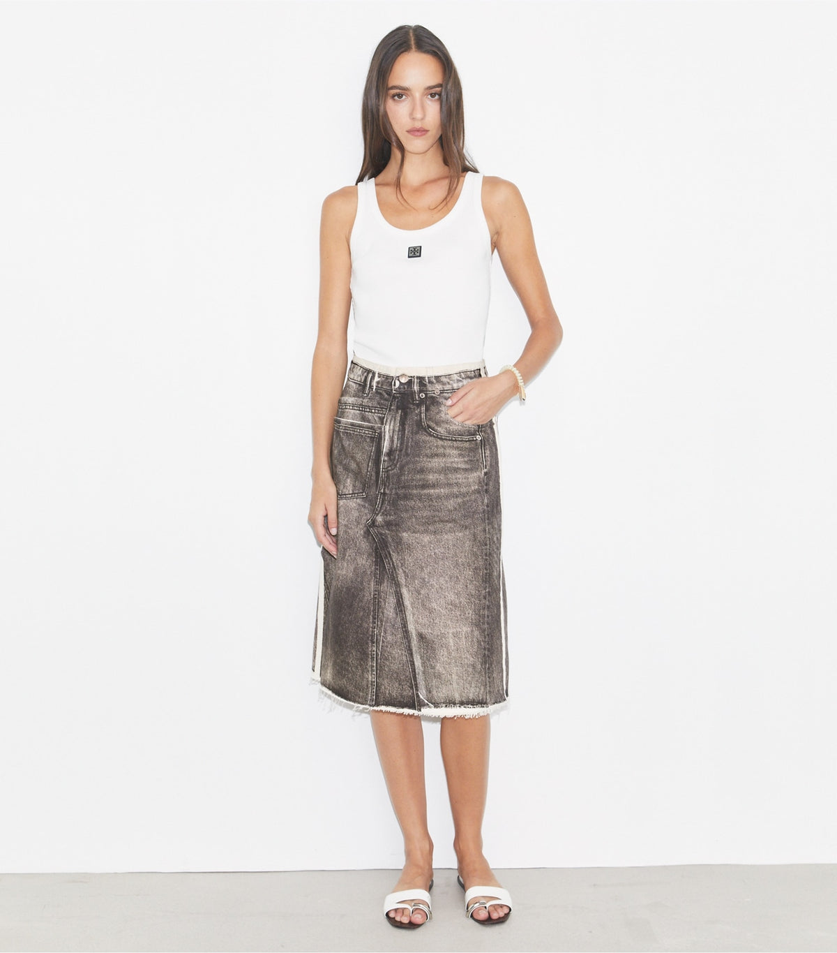 Tory Burch Overprinted Deconstructed Denim Skirt - Soft Sable Brown