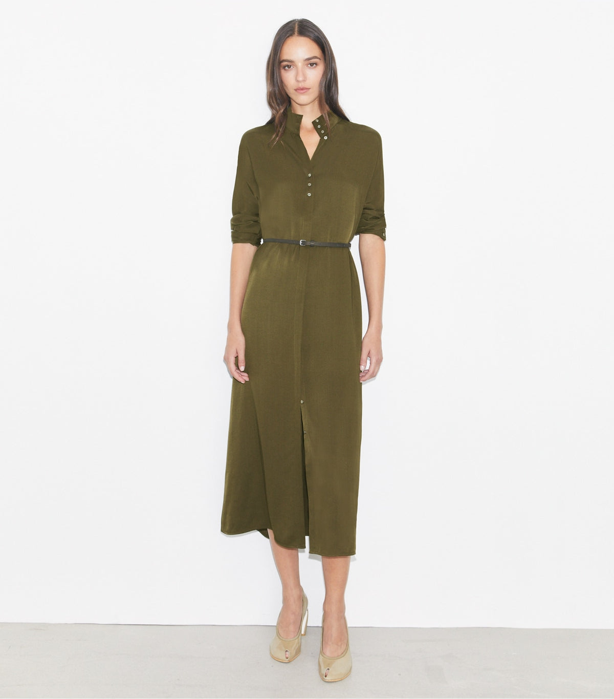 Tory Burch Satin Shirtdress - Olive Pesto