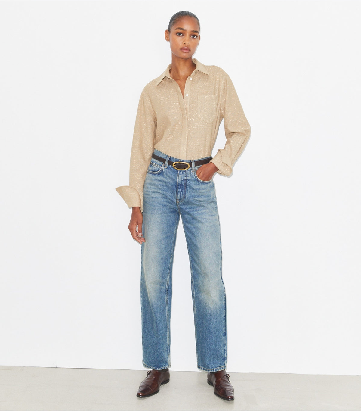 Tory Burch Jacquard Cuffed Top - Beige
