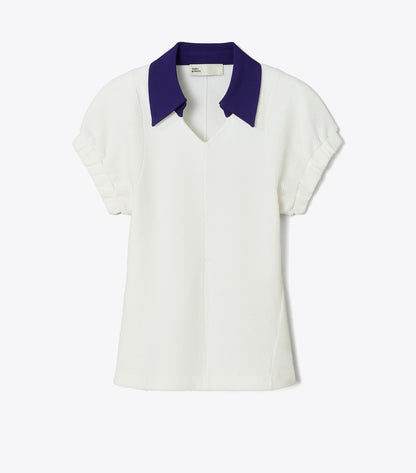 Tory Burch Cotton and Silk Polo - White / Ballpoint Blue