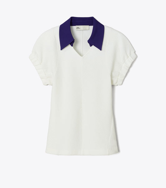 Tory Burch Cotton and Silk Polo - White / Ballpoint Blue