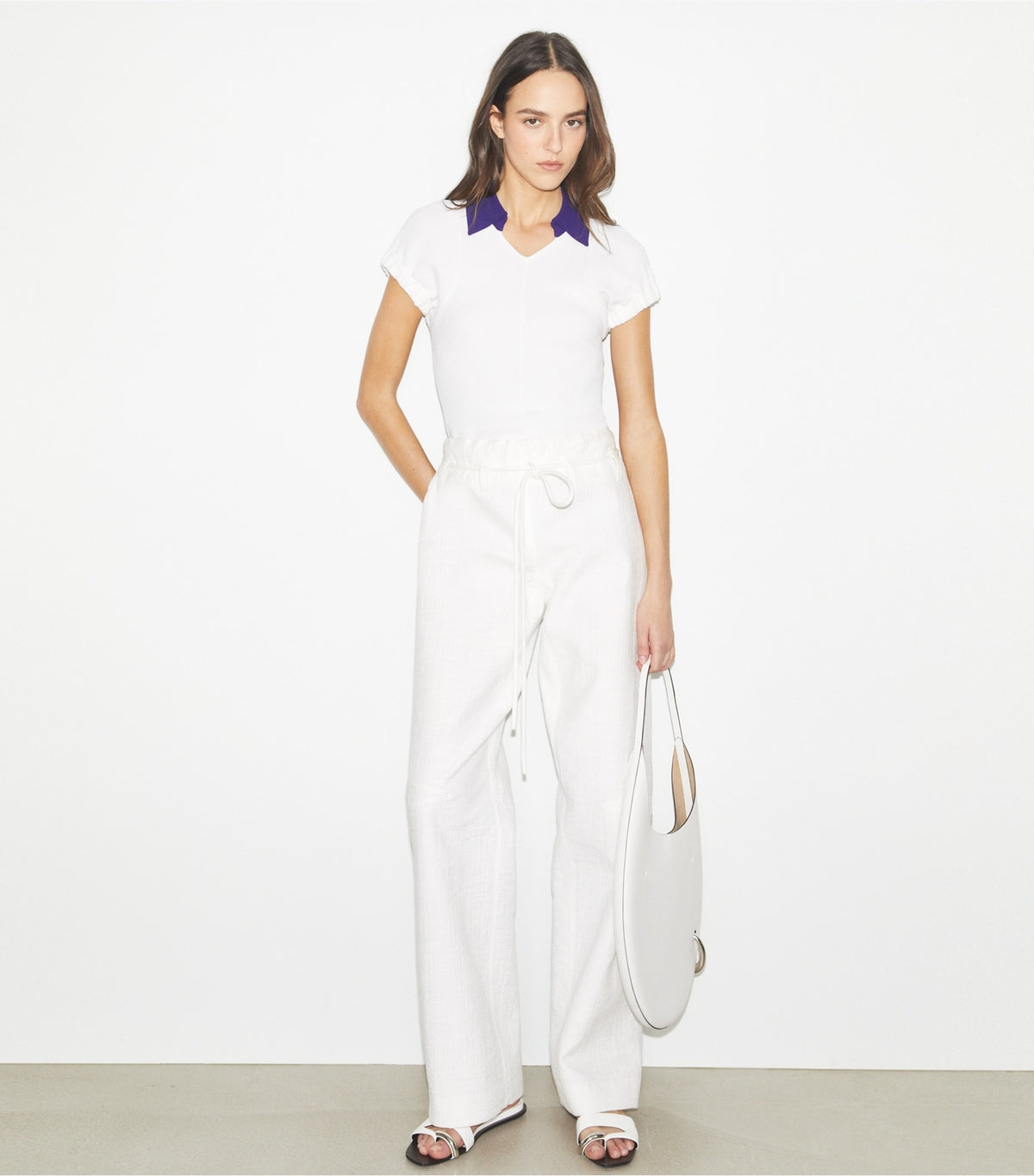 Tory Burch Cotton and Silk Polo - White / Ballpoint Blue