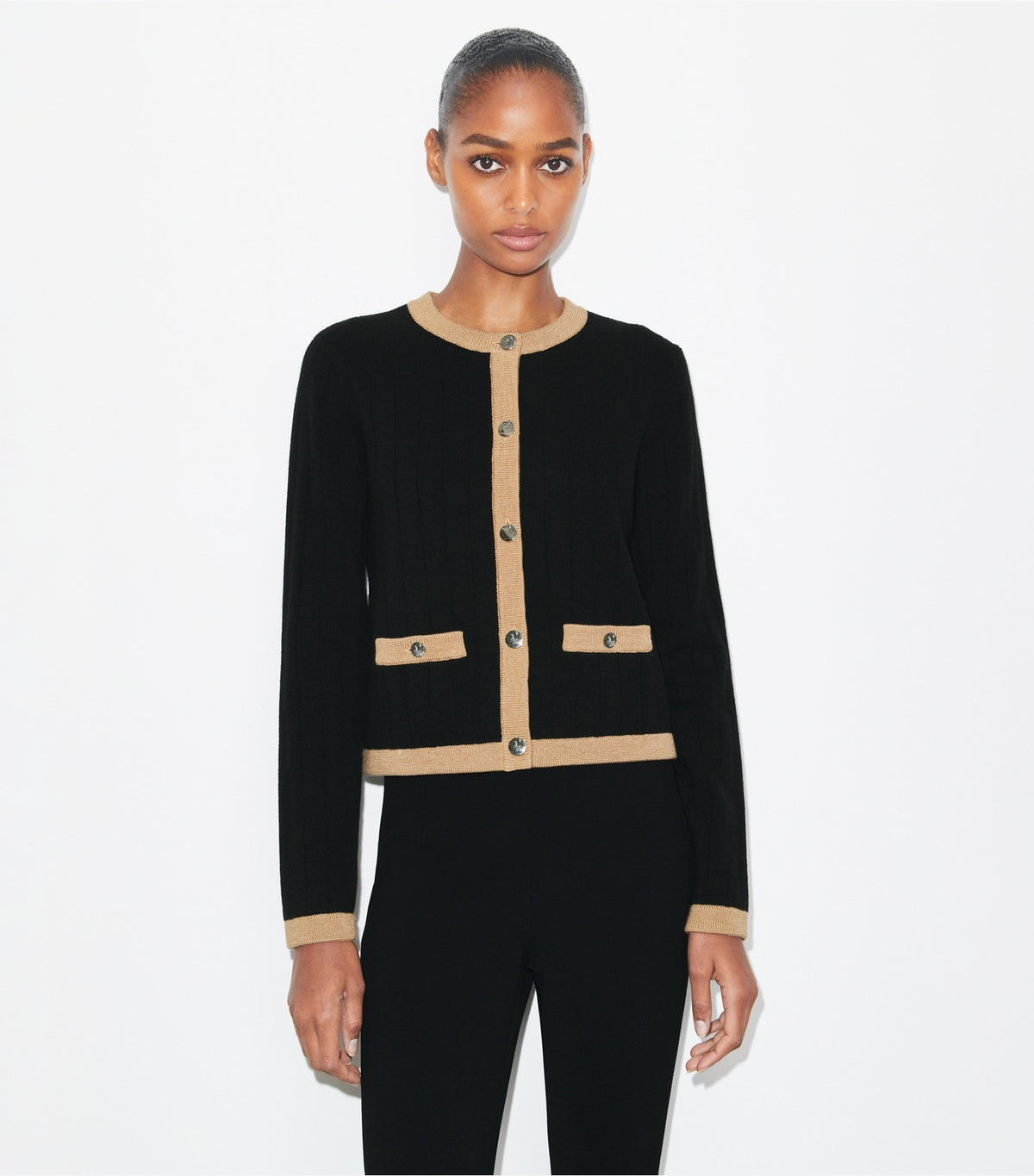 Tory Burch Cropped Merino Wool Cardigan - Black/ Camel Heather