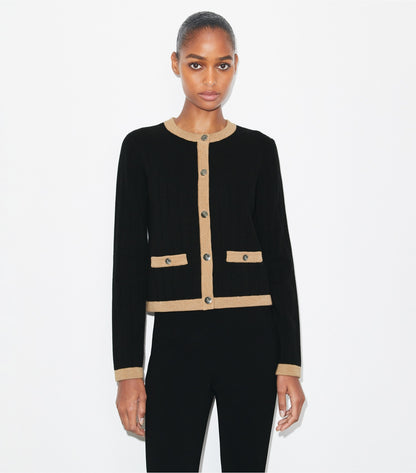 Tory Burch Cropped Merino Wool Cardigan - Black/ Camel Heather