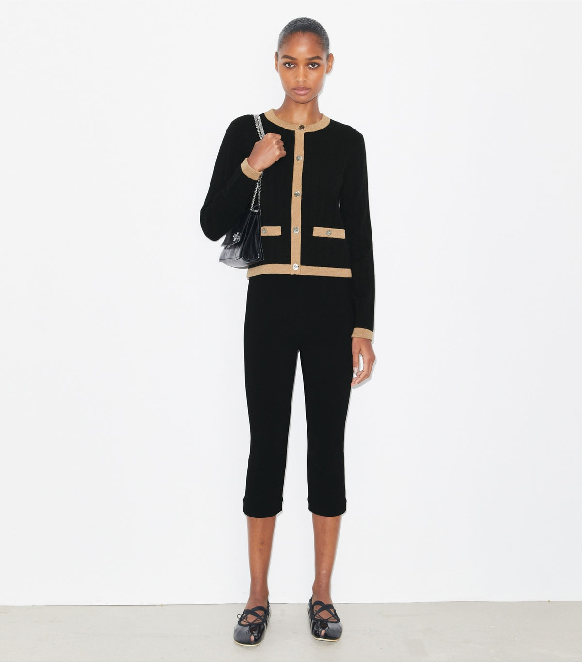 Tory Burch Cropped Merino Wool Cardigan - Black/ Camel Heather