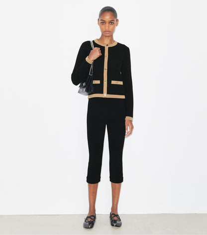 Tory Burch Cropped Merino Wool Cardigan - Black/ Camel Heather