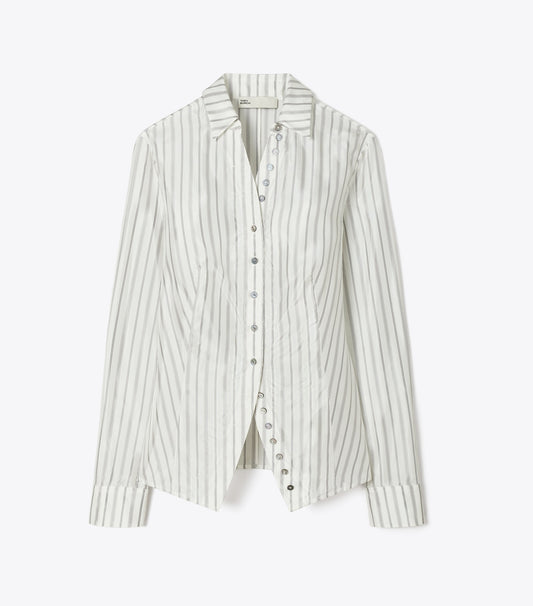 Tory Burch Cinched Shirt - White/Gray/Black Helios Striped Lining