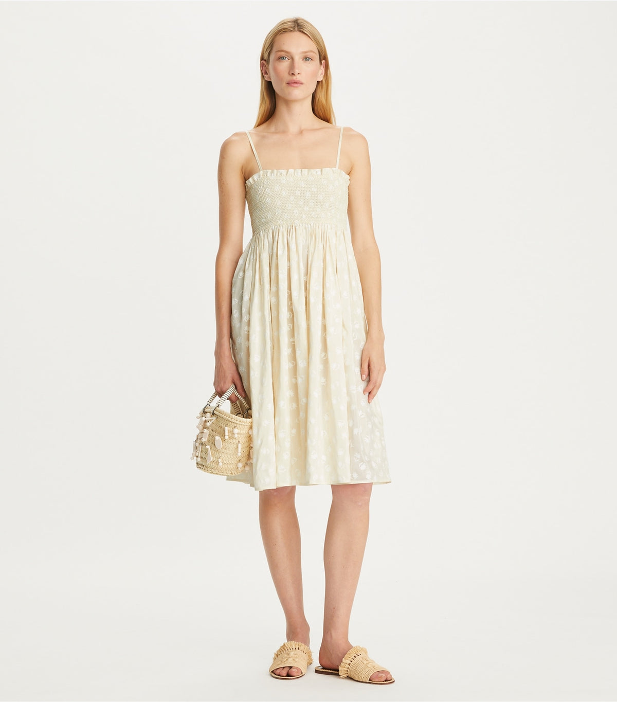 Tory Burch Strapless Smocked Silk Dress - Beige Scatter Daisy