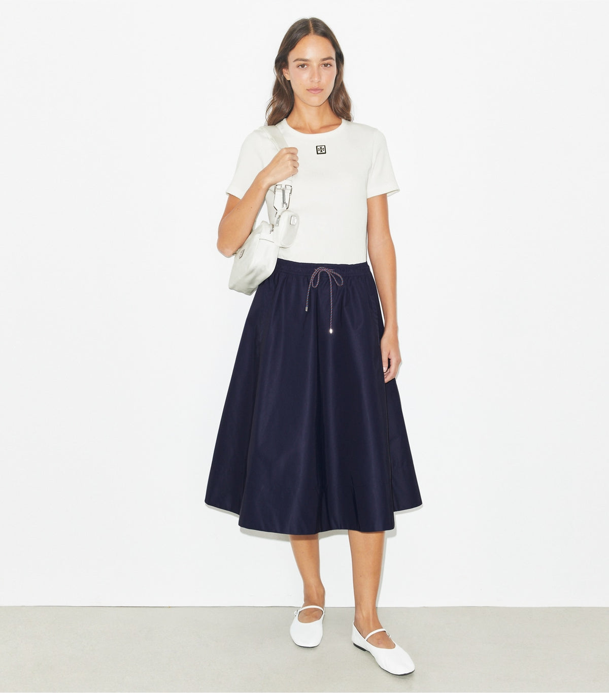 Tory Burch Drawstring Nylon Midi Skirt - Medium Navy