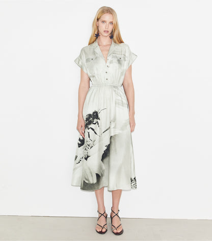 Tory Burch Printed Silk Twill Shirtdress - Gray Bee