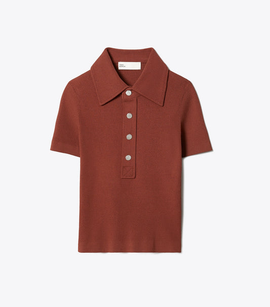 Tory Burch Viscose Ribbed Polo Sweater - Rich Manogany