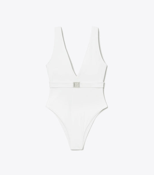 Tory Burch Belted Logo Swimsuit - White