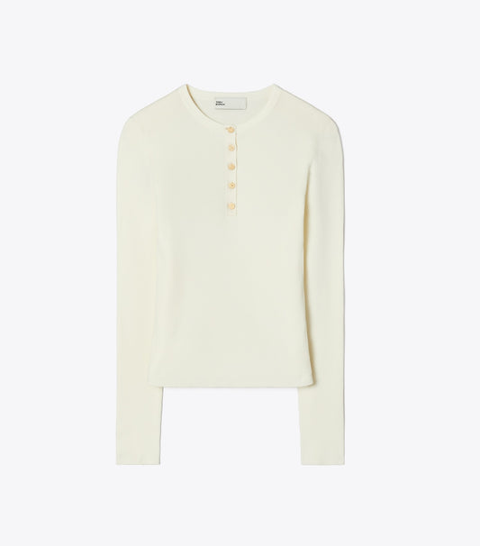 Tory Burch Ribbed Viscose Henley - New Ivory