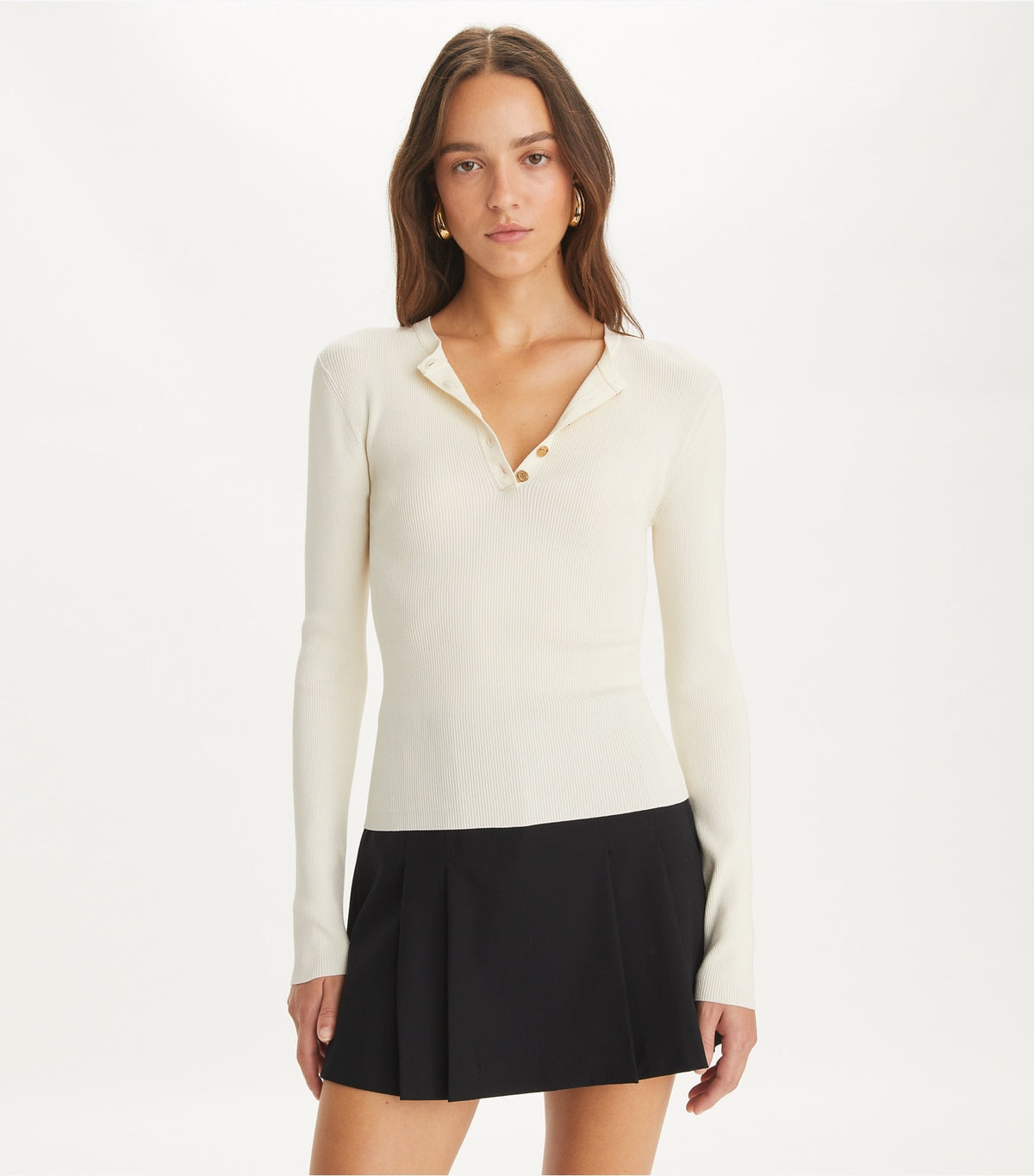 Tory Burch Ribbed Viscose Henley - New Ivory