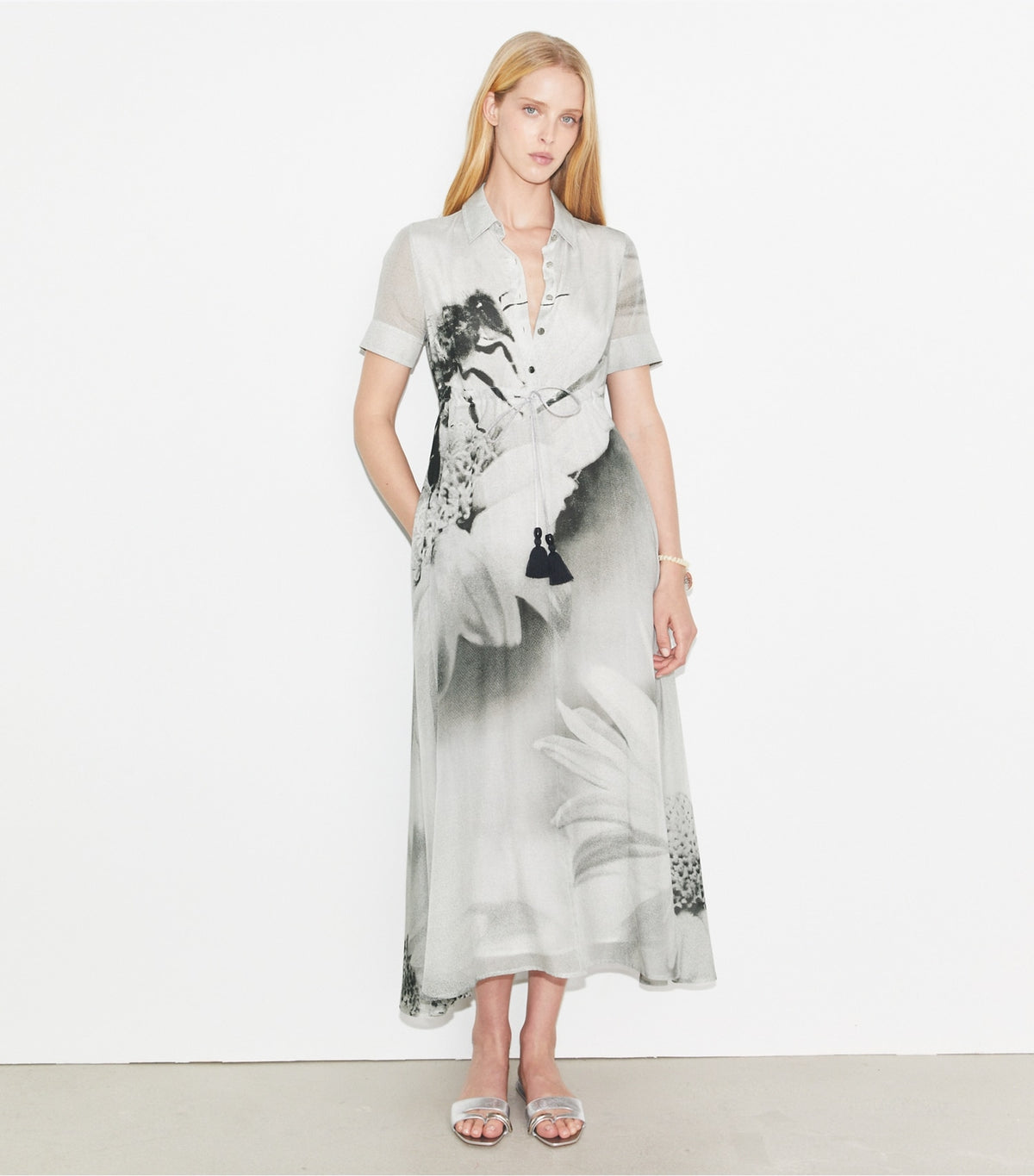 Tory Burch Silk Cotton Voile Shirtdress - Gray Bee