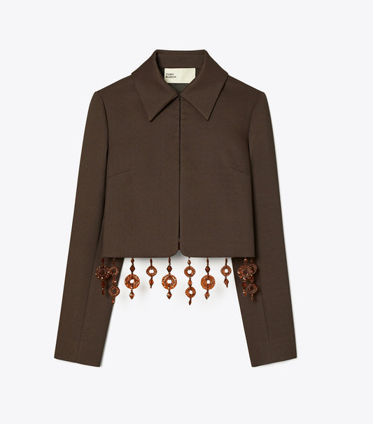 Tory Burch Cropped Crepe Jacket - Dark Mocha