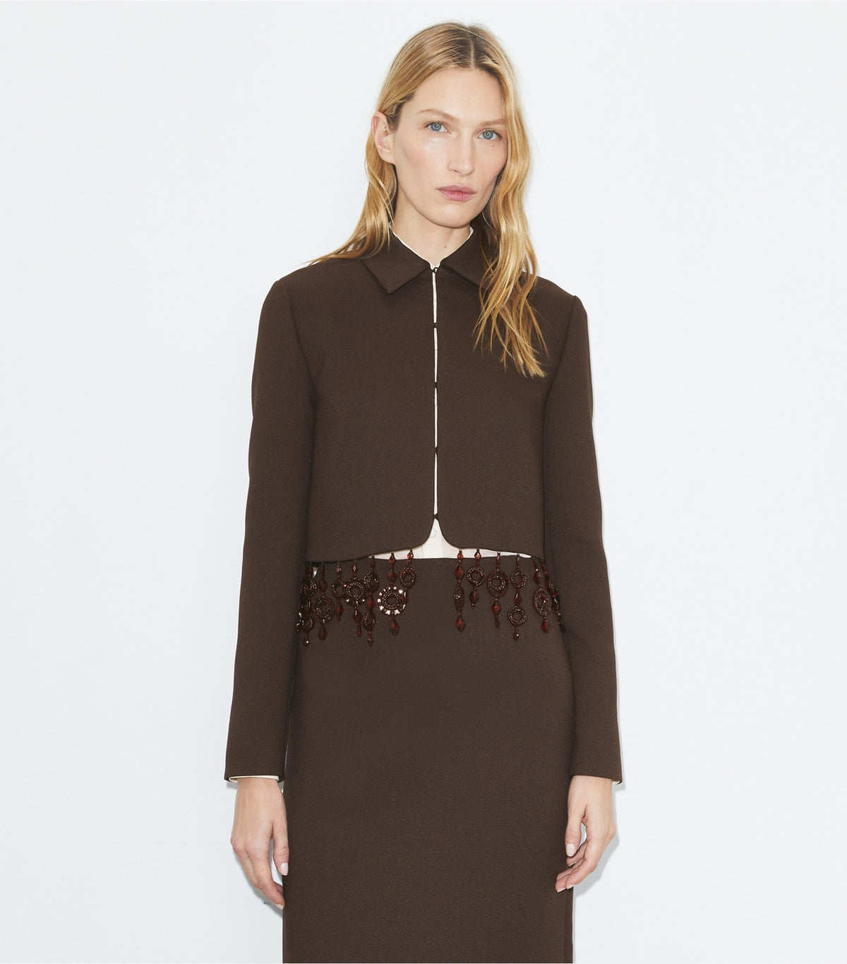 Tory Burch Cropped Crepe Jacket - Dark Mocha