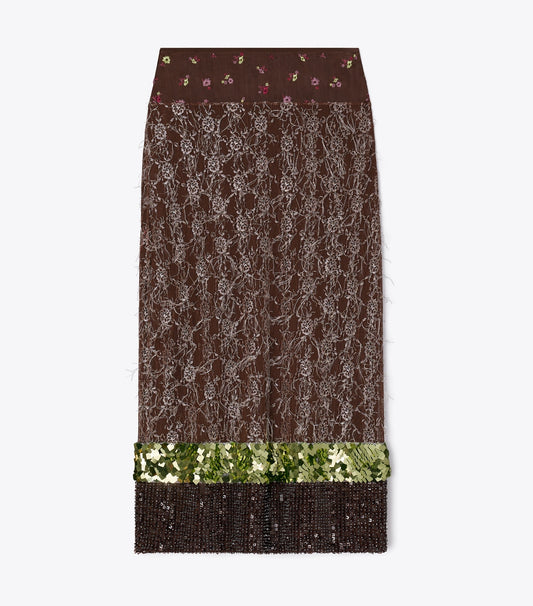 Tory Burch Embellished Lace Skirt - Coffee