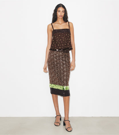 Tory Burch Embellished Lace Skirt - Coffee