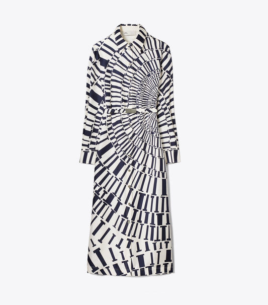 Tory Burch Printed Silk Shirtdress - Medium Navy Circle T