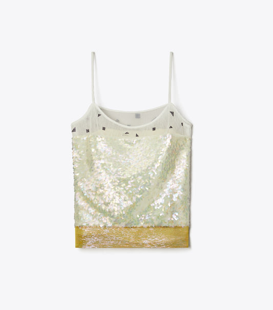 Tory Burch Embellished Lamé Slip Top - Pink Chartreuse