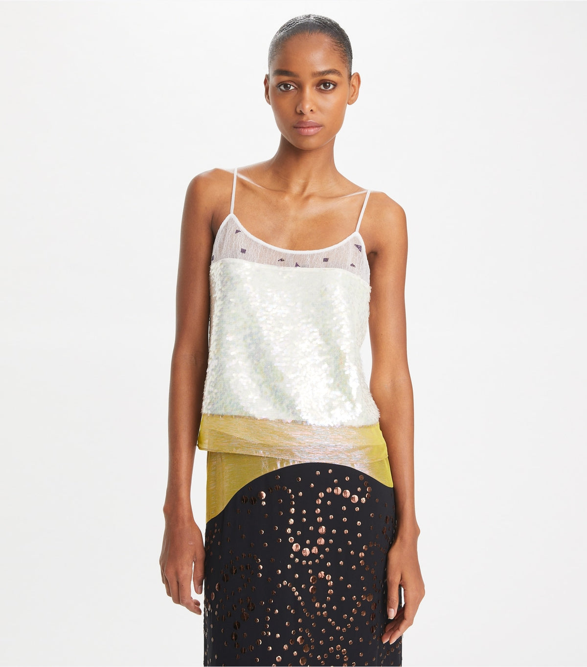 Tory Burch Embellished Lamé Slip Top - Pink Chartreuse
