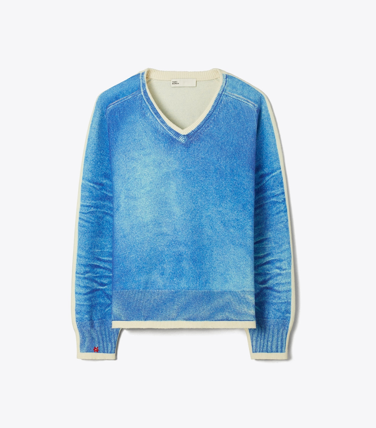Tory Burch Merino Wool Sweater - Antique Travertine/ V-Neck Print