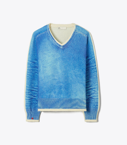 Tory Burch Merino Wool Sweater - Antique Travertine/ V-Neck Print