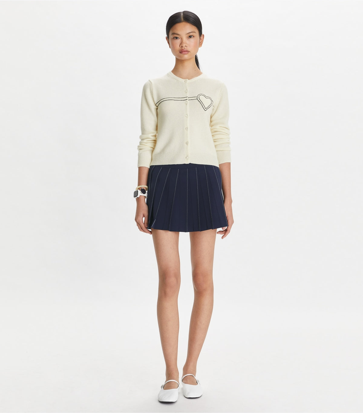 Tory Burch Pick Stitch Pleated Skirt - Tory Navy
