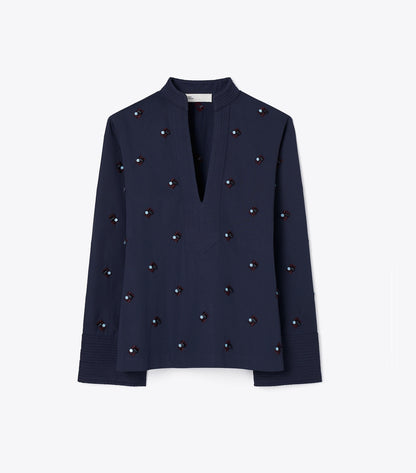 Tory Burch Embellished Cotton Top - Medium Navy