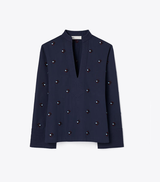 Tory Burch Embellished Cotton Top - Medium Navy