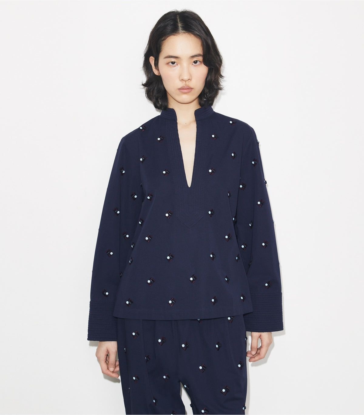 Tory Burch Embellished Cotton Top - Medium Navy
