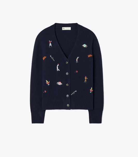 Tory Burch Embroidered Golf Cardigan - Medium Navy