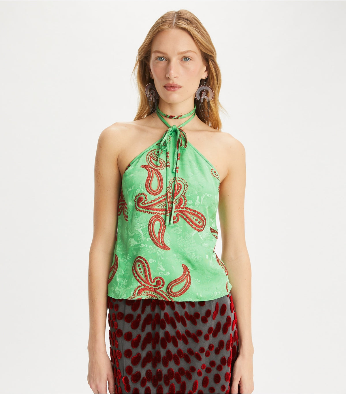 Tory Burch Satin Paisley Knot Top - Green/Red
