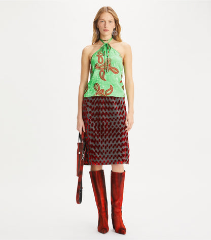 Tory Burch Satin Paisley Knot Top - Green/Red