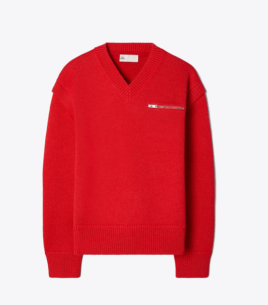 Tory Burch Wool V-Neck Sweater - Red Crimson
