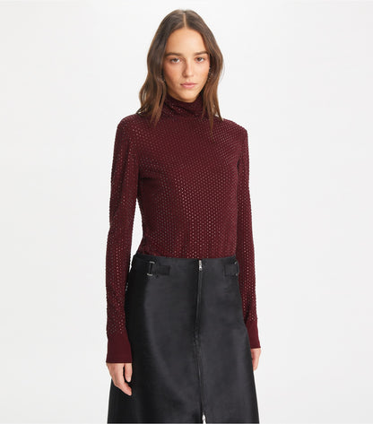 Tory Burch Embellished Viscose Jersey Turtleneck - Divine Burgundy