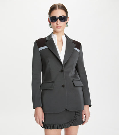 Tory Burch Colorblock Stretch Blazer - Coal Gray / Deep Ruby / Teal Green