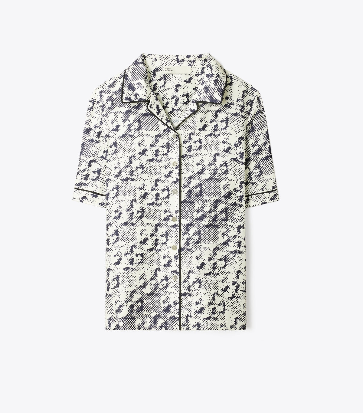 Tory Burch Silk Camp Shirt - New Ivory Distressed Pixelated Logo
