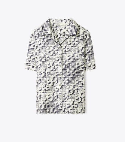 Tory Burch Silk Camp Shirt - New Ivory Distressed Pixelated Logo