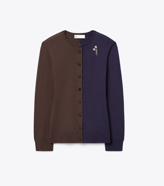 Tory Burch Brooch Color-Block Wool Cardigan - Dark Brown / Deep Blue