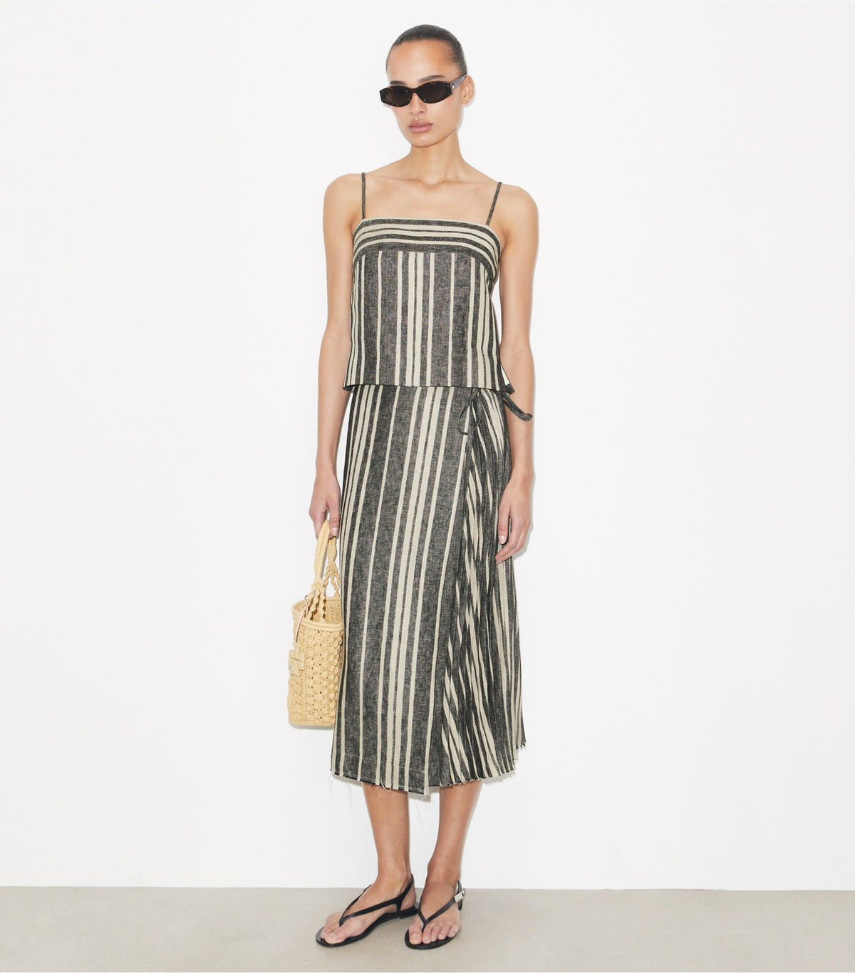 Tory Burch Linen Wrap Skirt - Black / Ivory